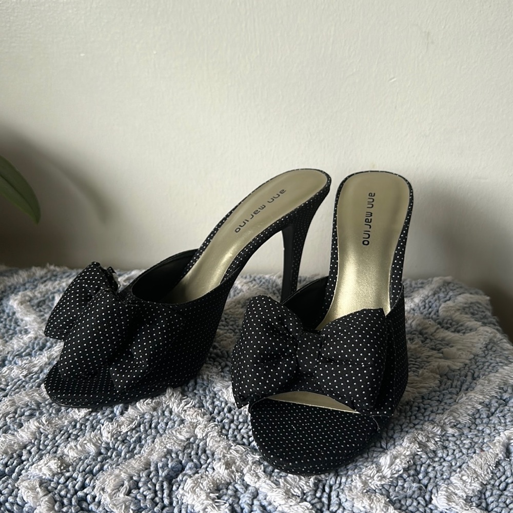 Black with white polkadots, peep toe, mule heel size 9